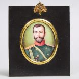 Russian School Enamelled Copper Portrait of Czar Nicholas II, early-mid 20th century, frame 5.5 x 4.