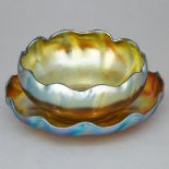 Tiffany 'Favrile' Iridescent Glass Finger Bowl and Stand, early 20th century, stand diameter 6.3 in
