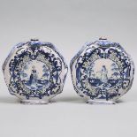 Pair of Delft Blue Painted Serpent-Handled Moon Flasks, late 18th/19th century, height 9 in — 23 cm