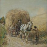 Nathaniel Hughes John Baird (1865-1936), HORSES WITH HAYCART; FARMER ADJUSTING THE HARNESS OF THE PL