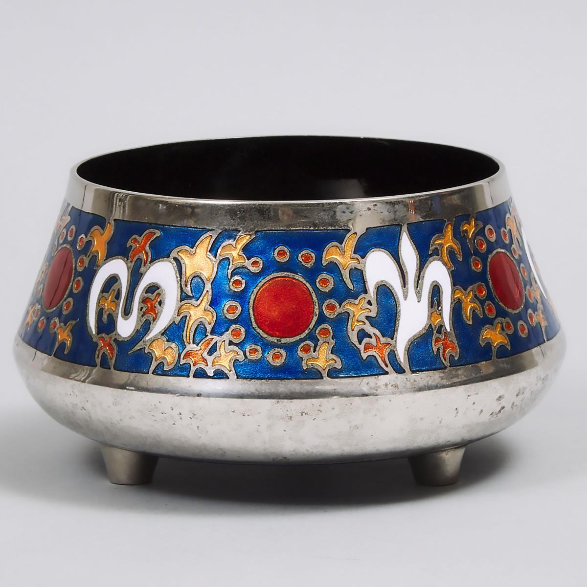 Miguel Pineda Enamelled and Nickelled Copper Footed Bowl, Mexico, mid 20th century, height 3.9 in — - Image 3 of 4