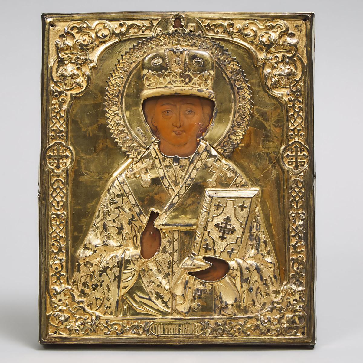 Russian Silver-Gilt and Painted Icon of Saint Nikita, Bishop of Novogrod, Moscow, 1863, 10.5 x 8.7 i