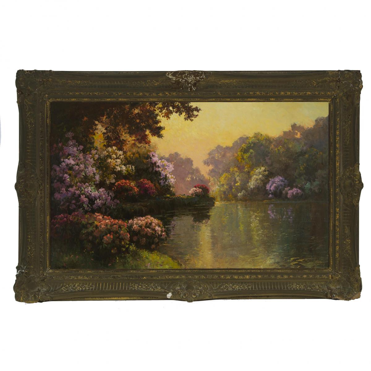 Jenö Karpathy (1870-1950), SPRING BLOOMS ON THE BANKS OF THE RIVER SEINE, Oil on canvas; signed lowe - Image 2 of 4