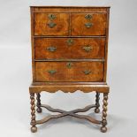 Small William and Mary Inlaid Figured Walnut Chest on Stand, ealry 18th century, 46.5 x 27 x 18 in —