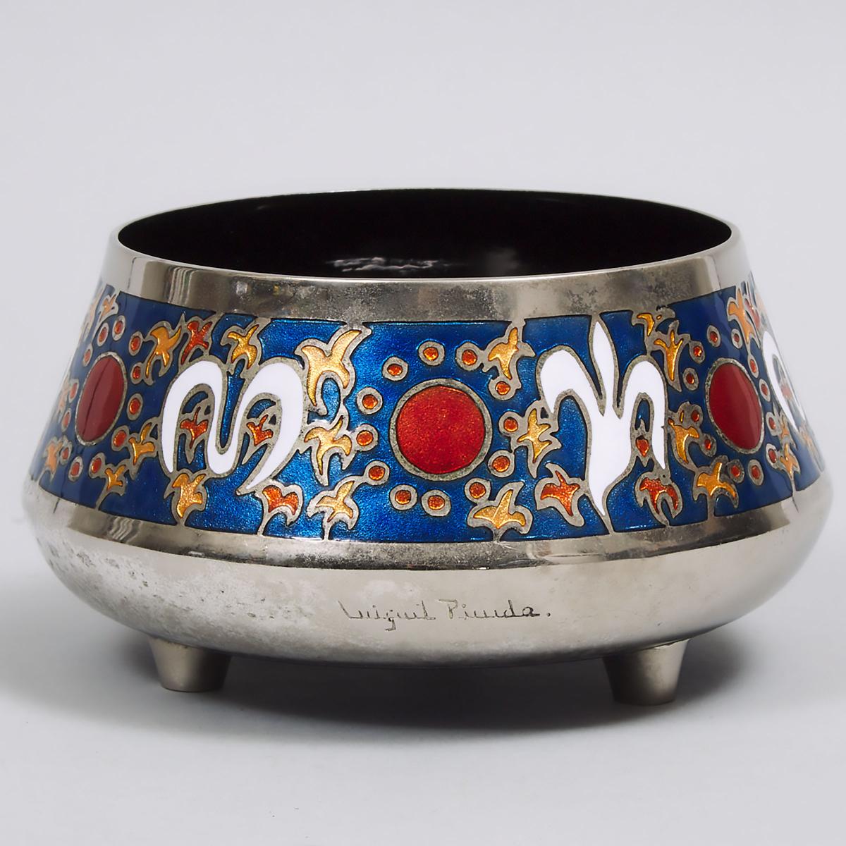 Miguel Pineda Enamelled and Nickelled Copper Footed Bowl, Mexico, mid 20th century, height 3.9 in —