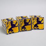 Twenty-Eight Boch Frères Blue and Yellow Glazed Heraldic Rampant Lion Tiles, 20th century, 4.7 x 4.7