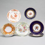 Five English Porcelain Plates and Two Shell Shaped Serving Dishes, 19th century, largest diameter 10