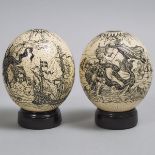 Pair of Engraved Ostrich Eggs, mid 20th century, height 6.5 in — 16.5 cm