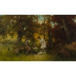 Laszlo Neogady (1896-1962), LOVERS WITH TERRIERS IN SUNLIT WOODS, Oil on canvas; signed "Neogrady, L