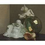 John Bulloch Souter (1890-1972), STILL LIFE WITH PEARL AND BUDDHA, Oil on board; signed upper left,