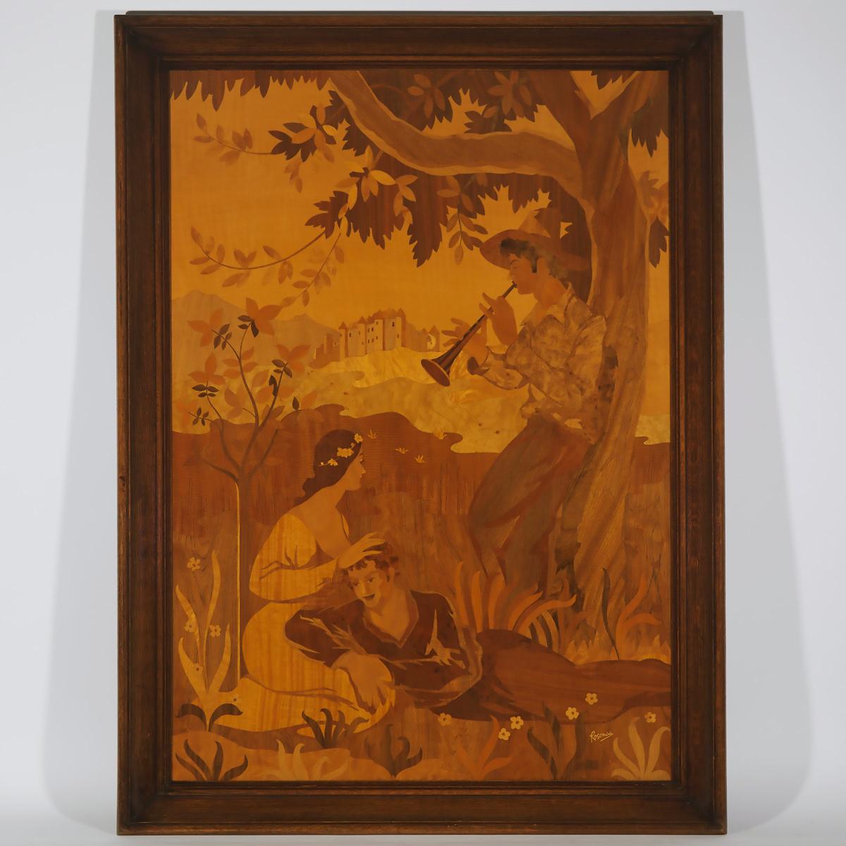 Large French Romantic Marquetry Picture by Pierre Rosenauc. c.1900, 53.25 x 39.75 in — 135.3 x 101 c