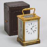 French Repeating Carriage Clock, c.1900, handle up height 6.75 in — 17.1 cm