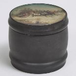Russian Palekh Lacquer Tobacco Canister, c.1900, height 3.5 in — 8.9 cm, diameter 4 in — 10.2 cm