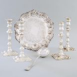 Set of Four English Silver Plated Table Candlesticks, Shaped Circular Salver and a Christofle Soup L