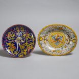 Italian Lustre Decorated Maiolica Plate and an Oval Dish, late 19th/early 20th century, plate diamet