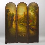 Victorian Painted Leather Three Fold Floor Screen, 19th century, open 72 x 60 in — 182.9 x 152.4 cm