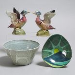 Jarko Zavi (Canadian, 1907-87), Two Pottery Bowls and a Pair of Wood Duck, mid-20th century, larger