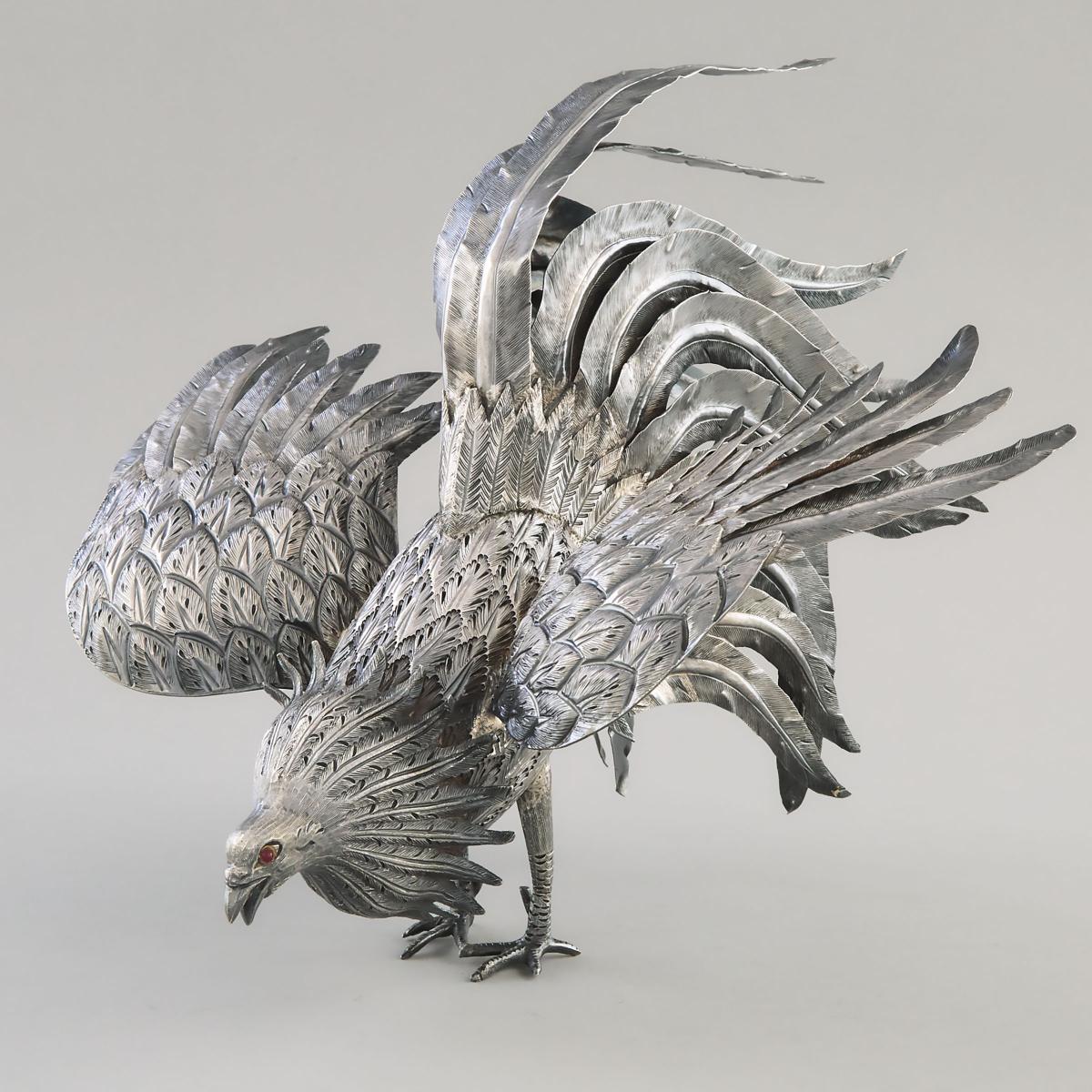 Mexican Silver Large Fighting Cock, Tane Orfevres, Mexico City, mid-20th century, height 11 in — 28