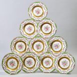 Ten George Jones Floral Decorated and Gilt Banded Plates, c.1891-1921, diameter 9.1 in — 23 cm (10 P