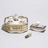 Potschappel Dresden Desk Set, 20th century, inkstand width 7.1 in — 18 cm (4 Pieces)