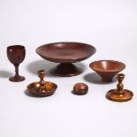 Five Pieces Turned Treen, 20th century, largest diameter 9.8 in — 25 cm