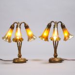 Pair of Tiffany Studios, New York, Gilt Bronze Three Light Table Lamps, c.1904 and later, height 12.