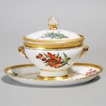 French Porcelain Botanical Covered Sauce Tureen, probably Niderviller, 19th century, height 6.7 in —