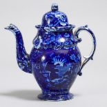 Staffordshire Blue-Printed Pearlware Coffee Pot, 'Lafayette at Franklin's Tomb', c.1830, height 10.8