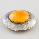 German Silver Circular Compact with Amber Cabochon, 20th century, diameter 3 in — 7.6 cm