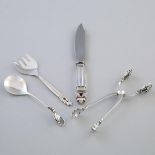 Danish Silver ‘Acorn’ Pattern Cheese Knife, Sardine Fork and Sugar Tongs, and a 'Blossom' Pattern Sp