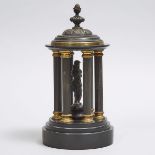 French Black Belgian Marble and Bronze Temple Form Mantel Garniture, 19th century, height 11 in — 27