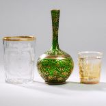 Bohemian Zwischengoldglas Small Beaker, Larger Armorial Beaker and a Gilt Green Glass Vase, 19th cen