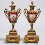 Pair of French ´Sèvres Style Porcelain Mounted Gilt Metal Vase Form Mantel Garniture, late 19th cent