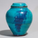 Jan Zaidy, Turquoise Pottery Jar with Cover, 1973, height 9.6 in — 24.5 cm