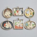 Set of Six Indian Erotic Miniature Pictures, 20th century, oval width 1.7 in — 4.3 cm (6 Pieces)