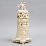Indian Carved Ivory Elephant Parade Tower Form Covered Presentation Vase, 19th century, height 17.75