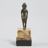 Small Etruscan Bronze Kouros, Archaic Period, Late 6th century B.C., overall height 3.8 in — 9.7 cm;