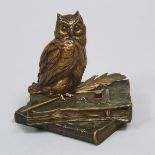 Austrian Cold Painted Bronze Animated Owl Form Servant Call Button, early 20th century, height 5.25