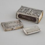 Dutch Silver Matchbox Cover, Pierced Book-Form Card Case and a Snuff Box, 19th/20th century, matchbo