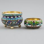 Two Russian Silver-Gilt and Cloisonné Enamel Salt Cellars, Moscow and St. Petersburg, early 20th cen