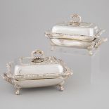 Pair of George III Silver Rectangular Covered Entrée Dishes with Old Sheffield Plate Warming Stands,