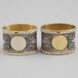 Pair of Russian Silver-Gilt and Cloisonné Enamel Oval Napkin Rings, Moscow, late 19th/early 20th cen