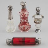 Three Dutch Silver Mounted Glass Perfume Bottles and a Double-Ended Phial, late 19th century, phial