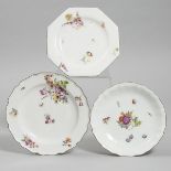 Bow Flower Painted Octagonal Plate, Chelsea Plate and a Fruit Painted Shallow Bowl, c.1755-65, diame