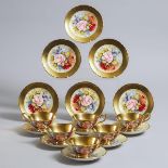 Six Aynsley 'Cabbage Rose' Tea Cups, Saucers and Plates, J.A. Bailey, 20th century, plates diameter