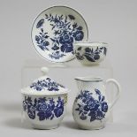 Worcester 'Three Flowers' Pattern Covered Sugar Bowl, Cream Jug, Tea Bowl and Saucer, c.1775, sugar