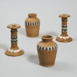 Pair of Doulton Lambeth Silicon Candlesticks and a Pair of Vases, late 19th century, height 6.2 in —