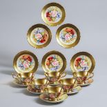 Six Aynsley 'Cabbage Rose' Tea Cups, Saucers and Plates, J.A. Bailey, 20th century, plates diameter