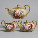 Aynsley 'Cabbage Rose' Teapot, Cream Jug and Covered Sugar Basin, J.A. Bailey, 20th century, teapot