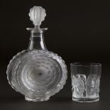 'Khepri', Lalique Moulded and Partly Frosted Glass Tumbler, and a Decanter with Stopper, post-1945,